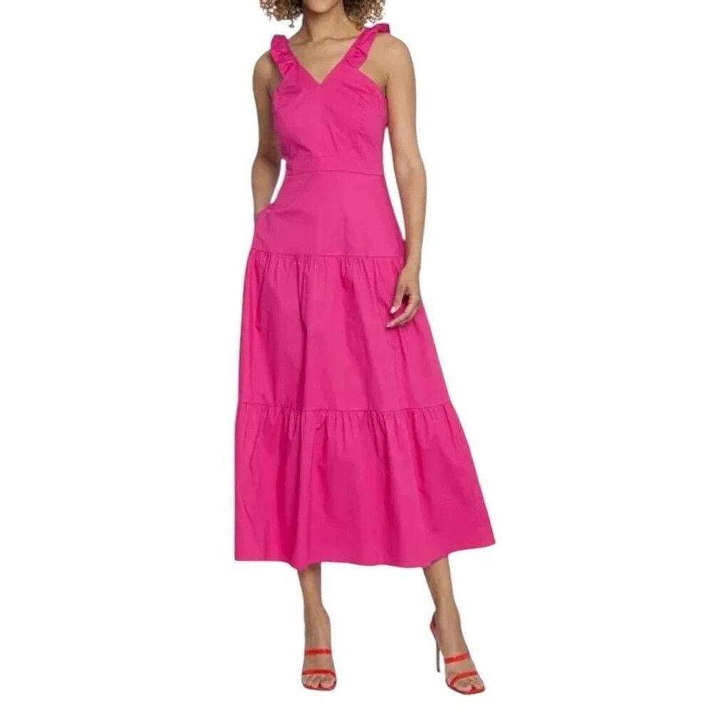 Maggy London Women's Sleeveless Flutter-Strap Long Tiered Midi Dress Pink 14